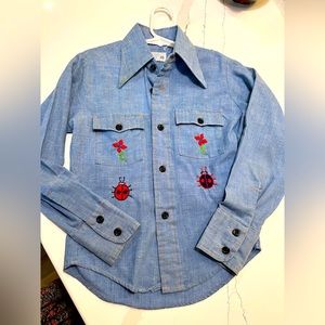 Vintage Little Girls Chambray Hand Embroidery Shirt, size 10